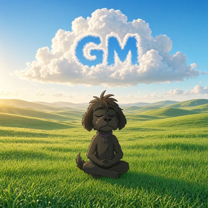 A digital illustration of a brown cartoon dog sitting in a meditative lotus position in a green grassy field, with the letters 'GM' formed by white clouds in a blue sky above it, wearing a collar with an 'M' tag.