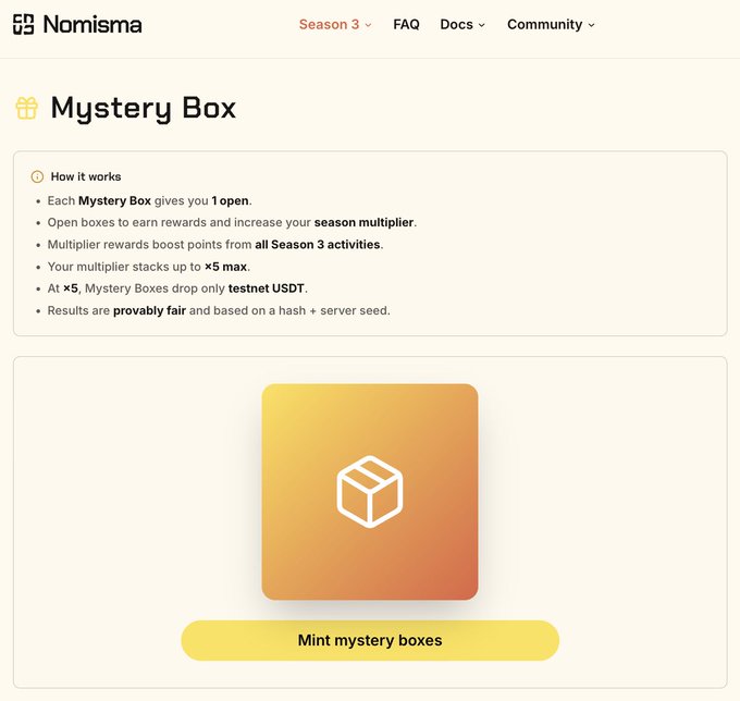 The image shows an email notification screen for a mystery box game. It includes the option to create a Mint Mystery Box, which adds a fun twist to the game by giving users the chance to add their own coins or tokens to their virtual treasure chests during gameplay. The main focus is on creating minted mystery boxes and how they relate to the ongoing testnet Diamonds release process for Nomisma game sessions.