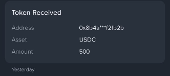 Mobile notification screen displaying 'Token Received' from yesterday, showing an Address of 0x8b4d...12fb2b, Asset of USDC, and Amount of 500.