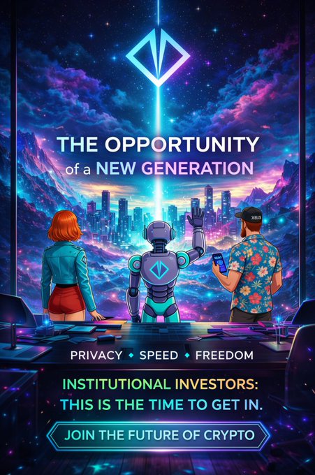 Cryptocurrency promotional poster with Ethereum-style logo and the text 'THE OPPORTUNITY of a NEW GENERATION', 'PRIVACY ◆ SPEED ◆ FREEDOM', 'INSTITUTIONAL INVESTORS: THIS IS THE TIME TO GET IN', and 'JOIN THE FUTURE OF CRYPTO' showing a robot and two people looking at a futuristic city.
