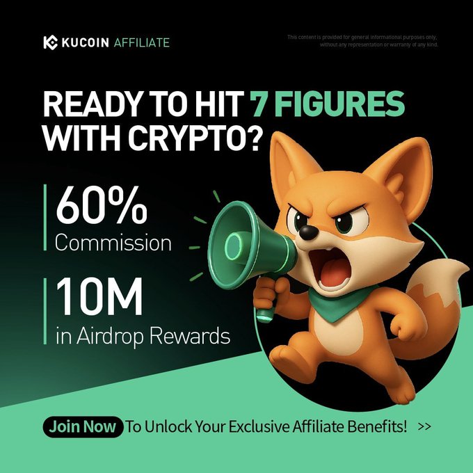 A KuCoin Affiliate advertisement asking 'READY TO HIT 7 FIGURES WITH CRYPTO?' featuring a 60% commission rate and 10M in airdrop rewards.