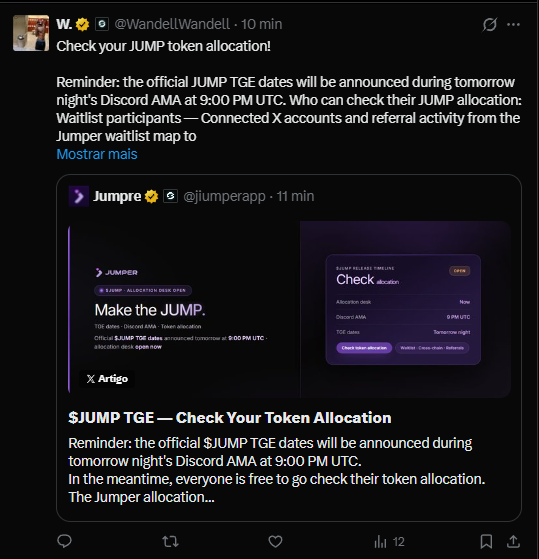 A Twitter/X post by @WandellWandell about checking $JUMP token allocation, referencing an upcoming Discord AMA and a Jumper allocation page.