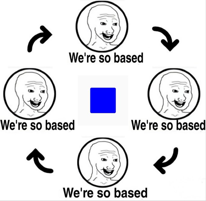 A cycle of four "Wojak" meme faces each labeled "We're so based" arrows point clockwise around a central blue square, illustrating the post's caption about nothing ever changing in an endless self-reinforcing loop.
