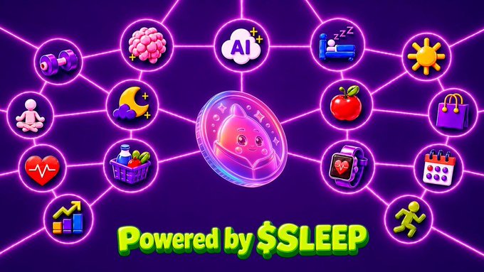 A vibrant purple promotional graphic showing various app icons connected to a central coin character, with the text 'Powered by $SLEEP' at the bottom.