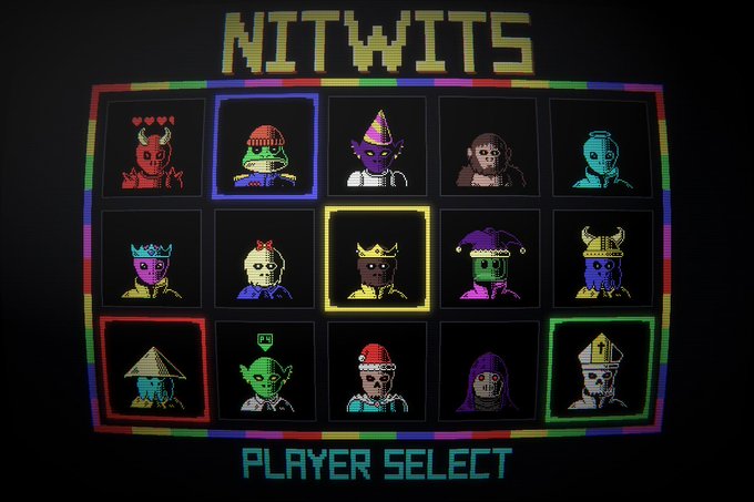 A retro pixel-art style character selection screen titled 'NITWITS' displaying a 5x3 grid of colorful character portraits with 'PLAYER SELECT' text at the bottom.