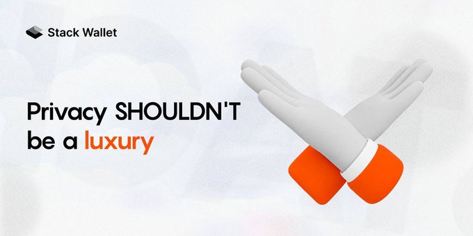 A promotional banner for "Stack Wallet" displaying 3D-rendered white-gloved hands forming a cross, with the tagline "Privacy SHOULDN'T be a luxury" in black and orange text.