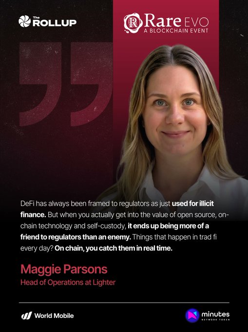 An interview graphic from Rare EVO featuring Maggie Parsons, Head of Operations at Lighter, with a quote defending DeFi against regulators and logos for The Rollup and World Mobile.
