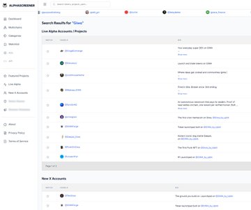 The image shows the AlphaScreener dashboard with a "Live Alpha Accounts/Projects" tracking list and a search filter for "Giwa," demonstrating the addition of the Giwa Chain to the platform's multichain filtering capabilities at alpha-screener.com/chains.