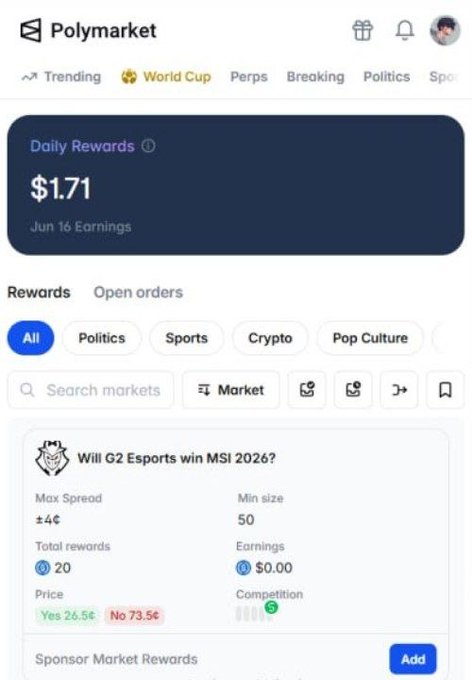A screenshot of a Polymarket app displaying the details about the daily rewards, daily breaks, and the global cup events, along with other information and options.