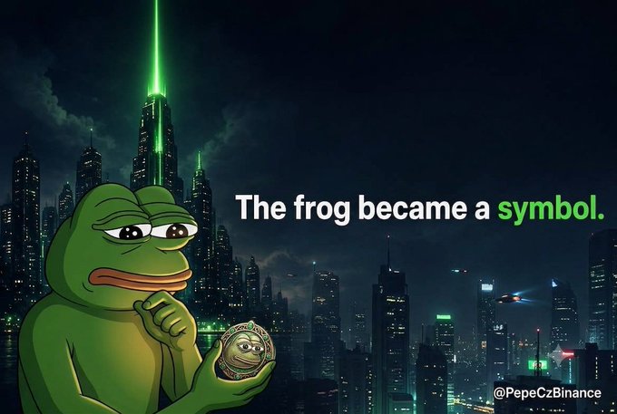 A digital artwork featuring the Pepe the Frog meme holding a coin in front of a nighttime cityscape with a green laser beam, alongside the text 'The frog became a symbol.' and the handle '@PepeCzBinance'.