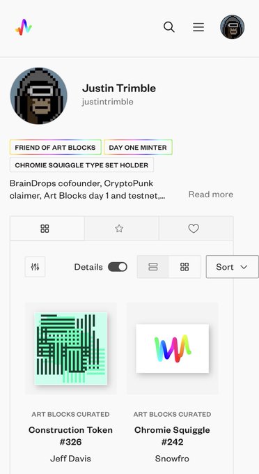 A screenshot of an Art Blocks profile for Justin Trimble (justintrimble) showing badges 'FRIEND OF ART BLOCKS', 'DAY ONE MINTER', and 'CHROMIE SQUIGGLE TYPE SET HOLDER', with two featured artworks: 'Construction Token #326' by Jeff Davis and 'Chromie Squiggle #242' by Snowfro.