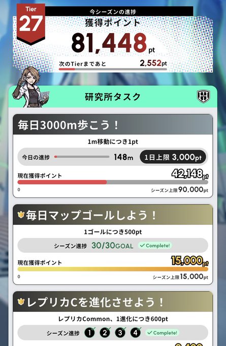 A Japanese mobile game (likely Blue Archive) Tier 27 progress screen showing 81,448 points earned this season, with completed tasks including daily 3000m walking (42,143pt) and 30/30 map goals (15,000pt).