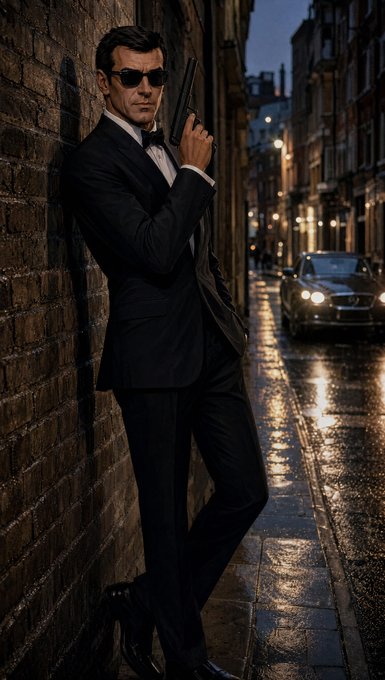 A man in a black suit and sunglasses leans against a brick wall on a wet city street at night, holding a silenced pistol with a car in the background.