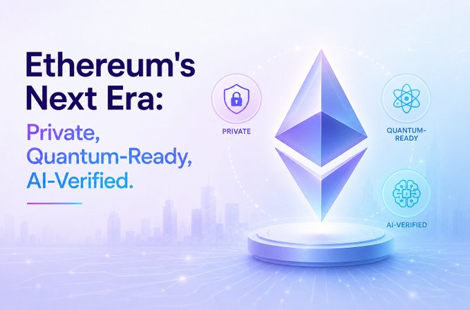 A promotional graphic for Ethereum featuring its logo with the text 'Ethereum's Next Era: Private, Quantum-Ready, AI-Verified' alongside icons representing these three features.