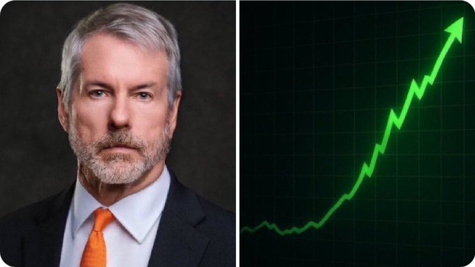 A portrait of Michael Saylor, the MicroStrategy executive chairman known for his significant Bitcoin holdings, is shown alongside a green upward-trending line graph, visually symbolizing the post's claim about a major Bitcoin purchase announcement driving bullish price momentum.