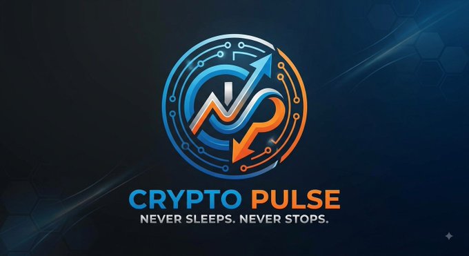 A logo for 'CRYPTO PULSE' displays the tagline 'NEVER SLEEPS. NEVER STOPS.' beneath a stylized blue and orange circular emblem with arrows on a dark hexagonal background.