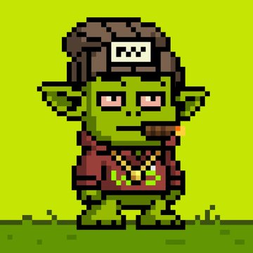 A pixel art style image of a green goblin-like character with a white headband, holding a pipe and wearing a red tunic against a green background.