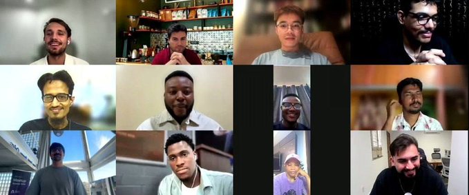 A 3x4 grid of video call participants shows twelve individuals in various settings, seemingly engaged in a virtual meeting or stream. The caption's humor about people "getting drained" pairs with the image by highlighting the universal exhaustion of staring at multiple faces in back-to-back virtual meetings.