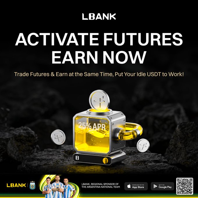 A promotional advertisement for LBANK's "Activate Futures Earn Now" campaign, featuring a glowing 3D device displaying "25% APR" alongside floating USDT coins, with text reading "Trade Futures & Earn at the Same Time, Put Your Idle USDT to Work!" and noting LBANK as a regional sponsor of the Argentina National Team. The image visually reinforces the post's message by illustrating how users can simultaneously trade futures and earn up to 25% APR on their USDT holdings through LBANK's combined product offering.