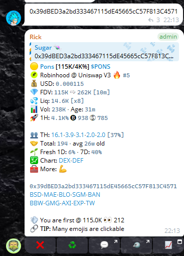 A Telegram message showing a crypto wallet analysis for address 0x39dBED3a2bd333467115dE45665cC57F813C4571 belonging to 'Rick (admin)', listing holdings including USDC, FDV, Liq, Vol, and 1H metrics.