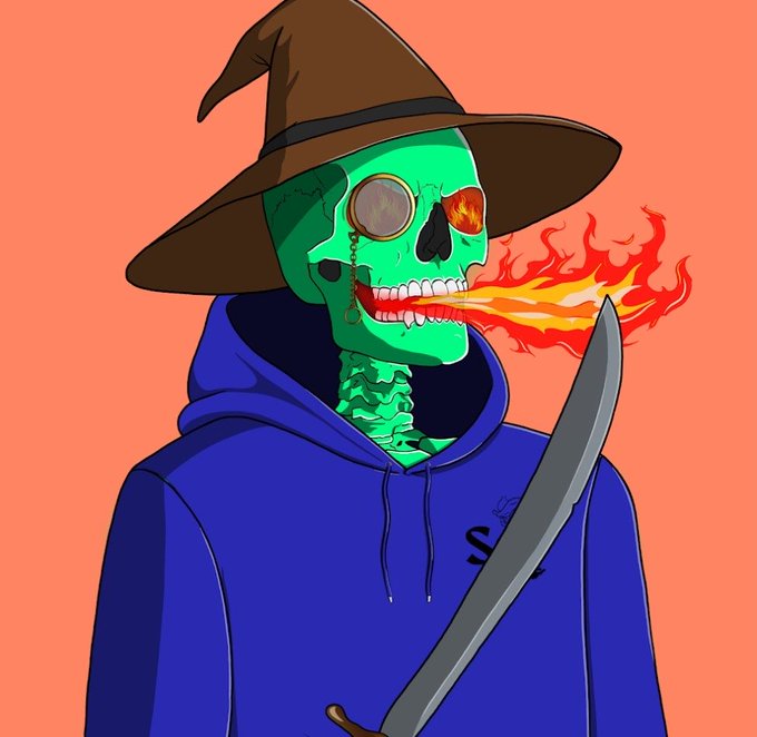 A digital illustration of a green skeleton wearing a brown witch hat and blue hoodie, breathing fire from its mouth while holding a sword against an orange background.