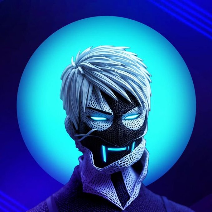 A digital artwork depicts a character with white spiky hair wearing a black and white mask with glowing blue eyes, set against a circular blue glowing background.
