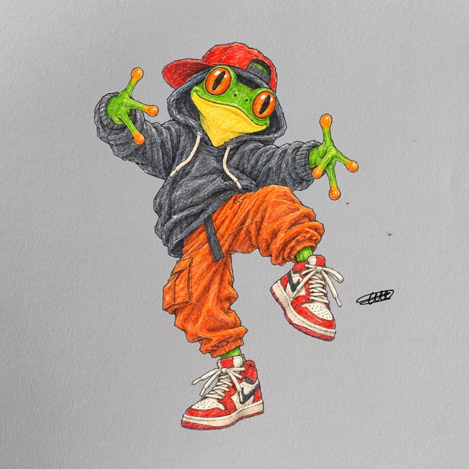 A colorful hand-drawn illustration of a green frog wearing a red backwards cap, a dark grey hoodie, orange cargo pants, and red and white high-top sneakers, striking a dynamic pose.