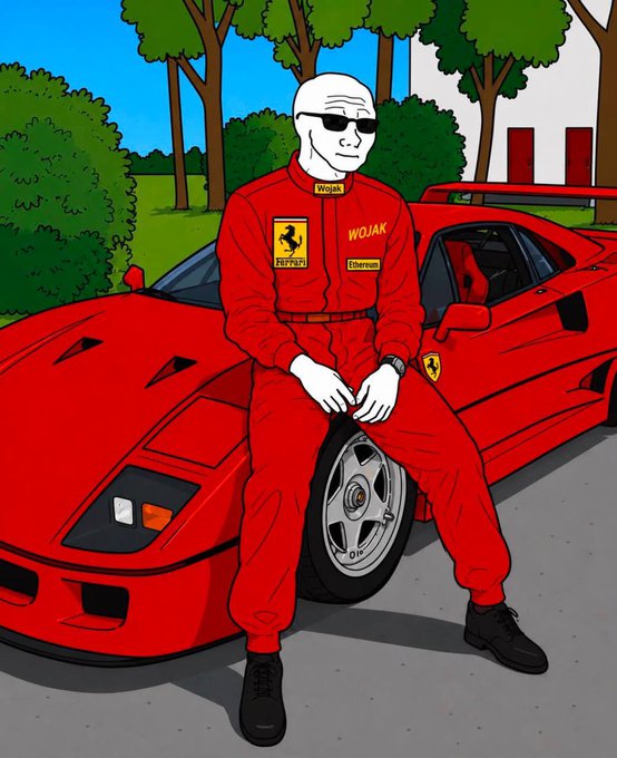A cartoon illustration of a Wojak character in a red Ferrari racing suit with Ethereum and Ferrari logos, sitting on a red Ferrari F40.