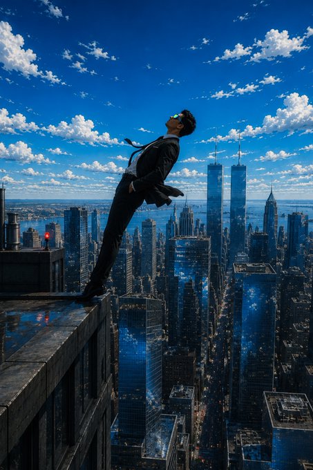 A surreal image of a man in a suit leaning back off the edge of a skyscraper rooftop, gazing up at the sky above the New York City skyline.
