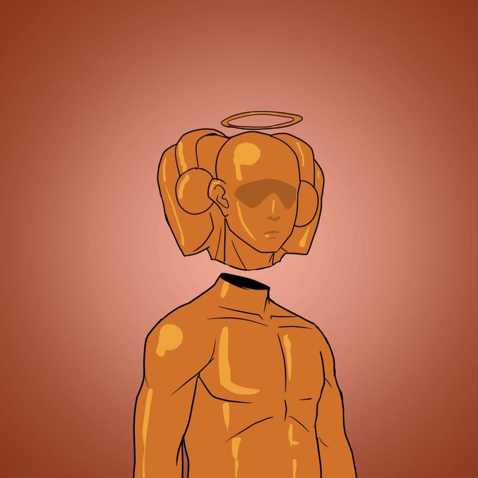 A stylized illustration of a golden, mannequin-like figure with hair styled in two large buns, blank eyes, and a halo floating above its head, set against a solid terracotta-colored background.