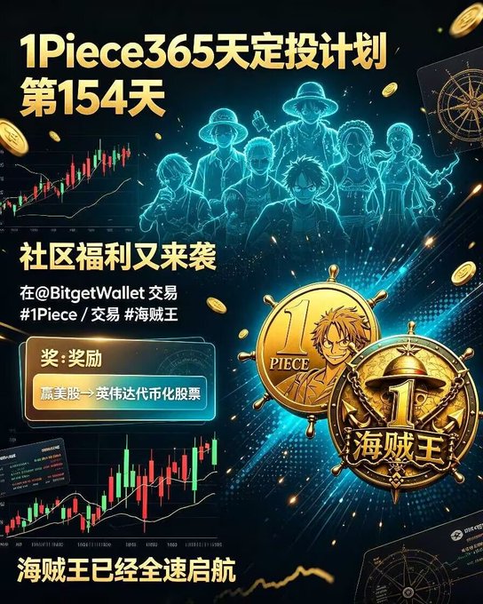 A Chinese promotional graphic titled '1Piece365天定投计划 第154天' featuring One Piece anime characters, cryptocurrency trading charts, and gold coin imagery with mentions of Bitget Wallet.