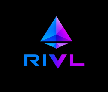 The Rival logo is displayed, featuring a blue and purple gradient 3D octahedron shape above the brand name 'RIVAL' in matching gradient text on a black background.