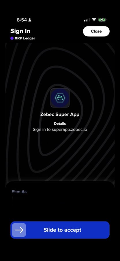 A mobile sign-in screen for XRP Ledger requesting permission to sign in to superapp.zebec.io via Zebec Super App, with a slide-to-accept button at the bottom.