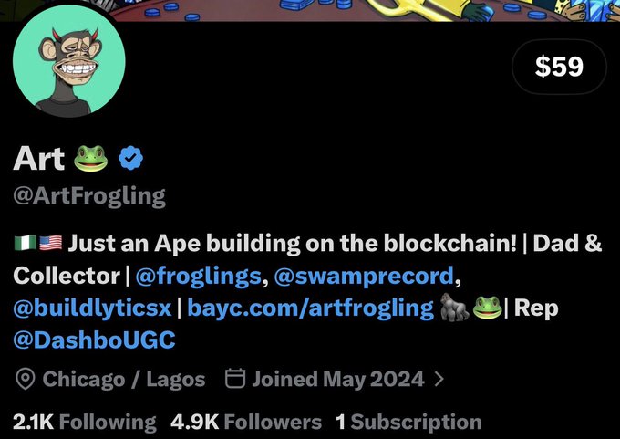 A Twitter/X profile for "Art" (@ArtFrogling) featuring a cartoon ape avatar, the bio "Just an Ape building on the blockchain!", and stats showing 2.1K Following and 4.9K Followers, alongside a price tag of $59.