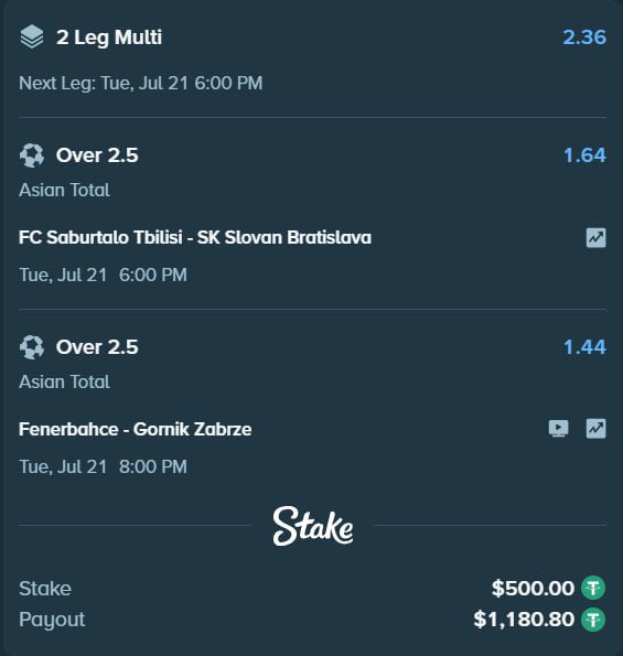 The image shows a Stake.com 2-Leg Multi bet slip featuring two Over 2.5 Asian Total picks: FC Saburtalo Tbilisi vs SK Slovan Bratislava (1.64 odds) and Fenerbahce vs Gornik Zabrze (1.44 odds), with a $500 stake yielding a $1,180.80 payout. The post references Stake's welcome offer using code "39bn," tying the betting slip to the platform's sign-up promotion.