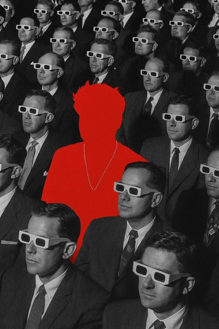 A black-and-white photograph of a crowd of men wearing 3D glasses at a movie screening, with one central figure highlighted in red—symbolizing an outsider or standout—paired with commentary about BitMEX sunsetting its exchange after 11+ years and the importance of attention, trust, and distribution in the crypto industry.