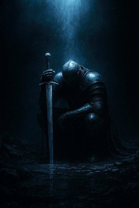 A dark, moody fantasy illustration of an armored knight kneeling with their head bowed, holding a large sword planted point-down in front of them, illuminated by a beam of light from above.