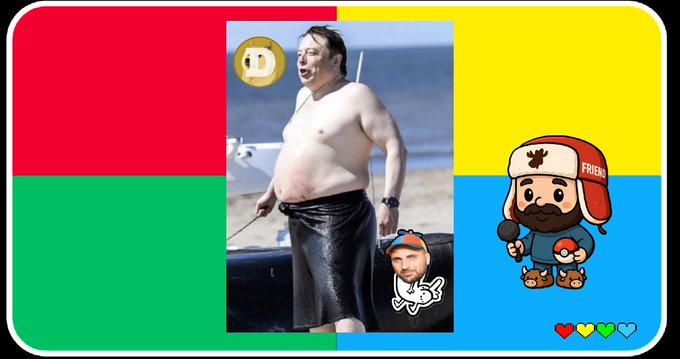 A composite image featuring a man in a tight black latex garment with a DOGE coin overlay, set against a four-color background (red, yellow, green, blue), alongside a cartoon character holding a microphone and Pokéballs.