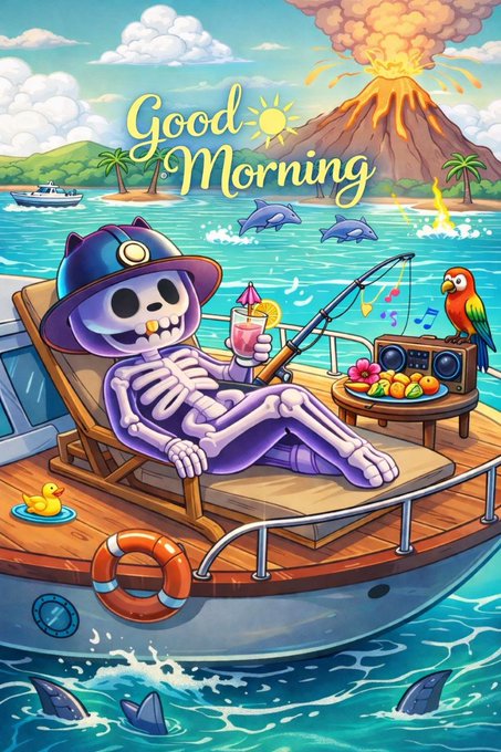 A colorful, cartoonish 'Good Morning' illustration depicts a skeleton relaxing on a boat deck chair wearing a blue miner's hat, holding a pink drink with a fishing rod nearby, set against a tropical backdrop with a volcano, dolphins, and sharks in the water.