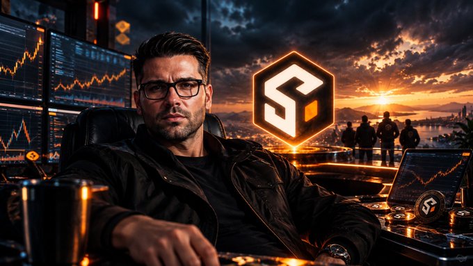 A stylized digital illustration of a bespectacled man in a black jacket sitting before multiple financial monitors displaying trading charts, with a glowing orange geometric logo in the background against a sunset cityscape.