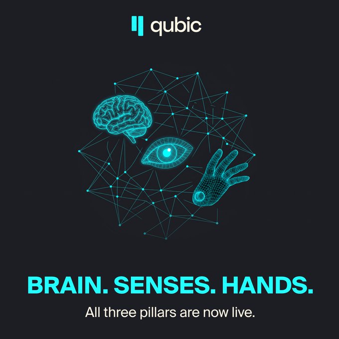 The image shows the Qubic logo above a cyan network connecting a brain, eye, and hand, with the text “BRAIN. SENSES. HANDS. All three pillars are now live.” It illustrates Qubic smart contracts expanding beyond on-chain logic to perceive external data and interact with the outside world.