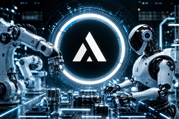 Two white humanoid robots work at a futuristic circuit board beneath a glowing blue circular emblem featuring a stylized white 'A' logo.