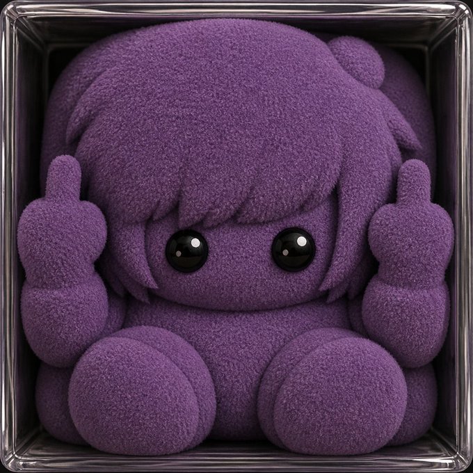 A small purple plush character with both middle fingers raised sits inside a metallic-looking box, visually representing the defiant "FWAGMI" sentiment. The raised middle fingers mirror the aggressive, dismissive tone of the acronym, while the cute plush styling softens the message with a playful edge.