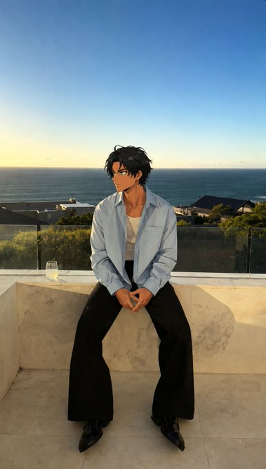 An anime-style illustration depicts a dark-haired young man in a light blue button-up shirt and black pants sitting on a stone ledge overlooking the ocean at sunset.
