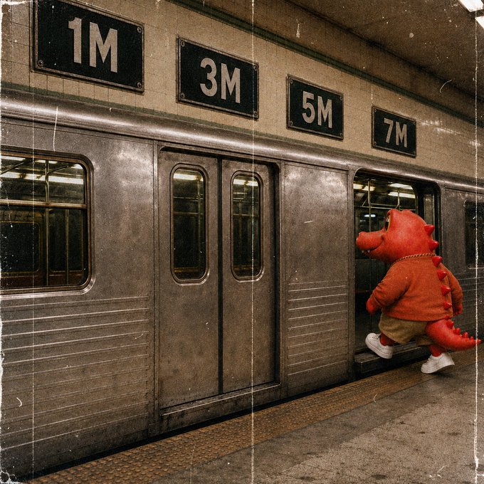 A person in a red dinosaur costume boarding a subway train at a station with platform markers labeled 1M, 3M, 5M, and 7M.