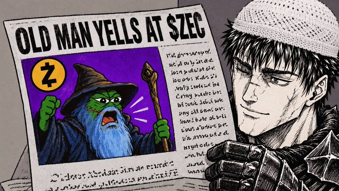 A manga-style illustration titled 'OLD MAN YELLS AT $ZEC' featuring a green-bearded wizard character pointing angrily at a 'Z' symbol on one page, alongside a page with a dark-haired brooding male character and partially visible text.