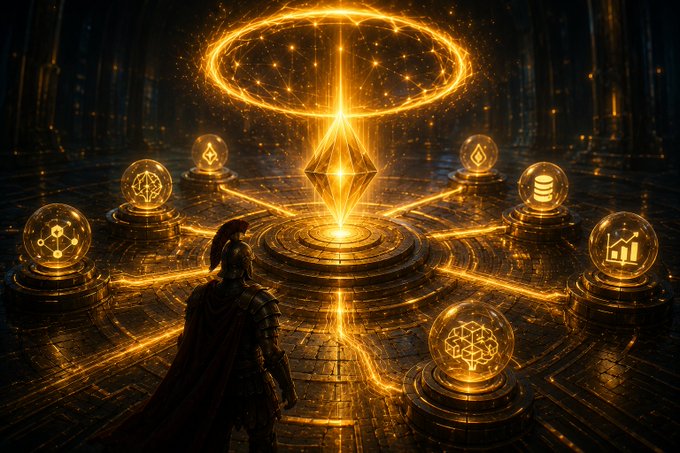 A fantasy digital artwork shows a cloaked figure standing before a glowing golden magical circle with floating orbs and a central crystalline shard.