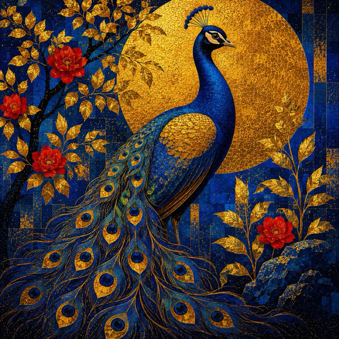 A stylized illustration of a blue peacock with golden plumage standing before a large golden sun and red flowers against a deep blue background.