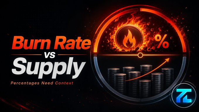 A graphic titled 'Burn Rate vs Supply' featuring a flaming circular gauge, the subtitle 'Percentages Need Context,' and stacks of coins with an upward arrow.