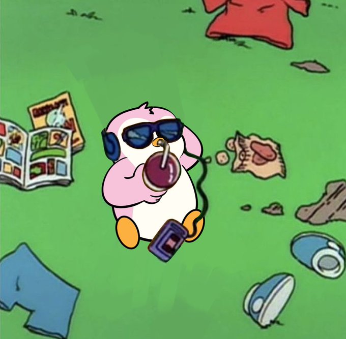 A cartoon penguin character wearing sunglasses and headphones drinks from a boba tea cup while listening to a portable music player, surrounded by a comic book, snacks, clothes, and shoes on green grass.
